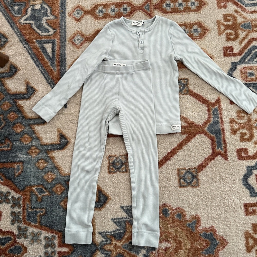 MarMar Copenhagen Ribbed Pajama Set Kids 4T Sage Green Henley Top Leggings